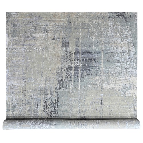 Silver Gray, Hand Knotted, Persian Knot, Wool and Silk, Densely Woven, Modern Abstract with Mosaic Design, Oversized, XL, Oriental 