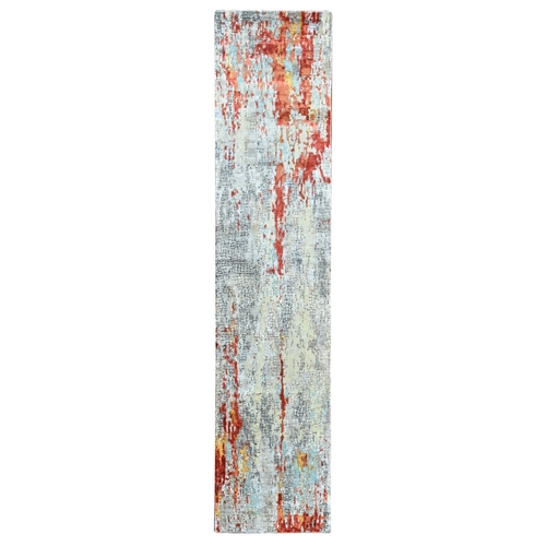 Burnt Orange with Gray, Hand Knotted, Wool and Silk, Abstract with Fire Mosaic Design, Runner, Oriental 