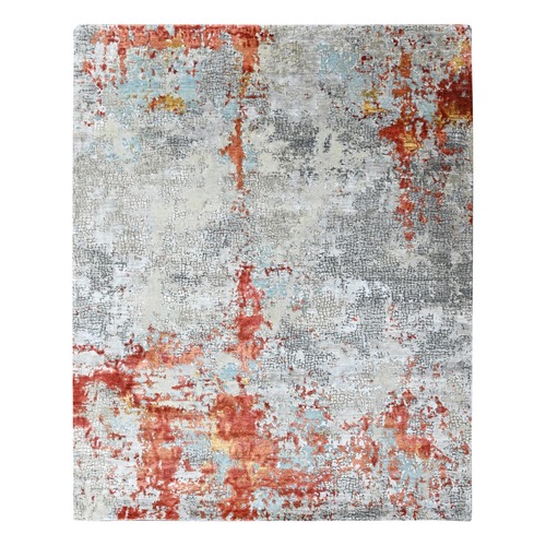 Burnt Orange with Gray, Wool and Silk,  Abstract with Fire Mosaic Design, Hand Knotted, Oriental 