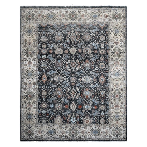 Pitch Black and Atrium White, Distressed Look Sheared Low, Persian Hand Knotted Zeigler All Over Mahal Design, Natural Wool, Shaved Thin, Oriental Rug