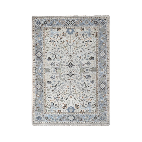 Bright Gray, Denser Weave, Oushak with Floral Motifs, Soft Wool, Hand Knotted, Oriental Rug