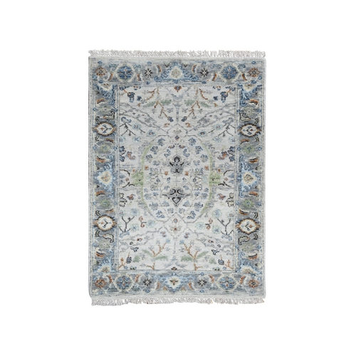 Gentle Gray, Hand Knotted, Denser Weave, Oushak with Floral Motifs, Soft Wool, Mat, Oriental Rug