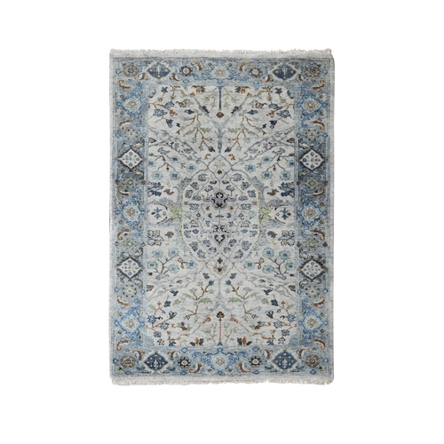 Platinum Gray, Denser Weave, Oushak with Floral Motifs, Natural Wool, Hand Knotted, Oriental Rug