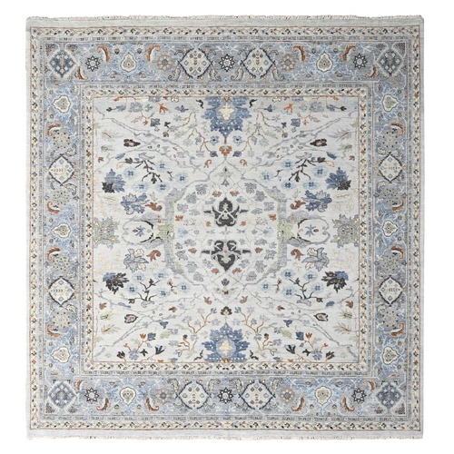 Bright Gray, Natural Wool, Denser Weave, Oushak with Floral Motifs, Hand Knotted, Square, Oriental Rug