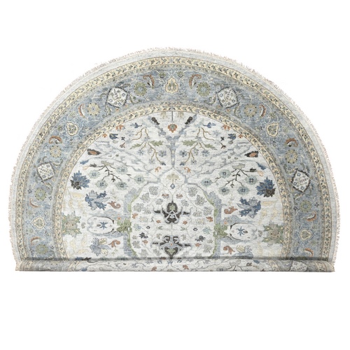 Cloud Gray, Denser Weave, Oushak with Floral Motifs, Hand Knotted, Natural Wool, Round, Oriental Rug