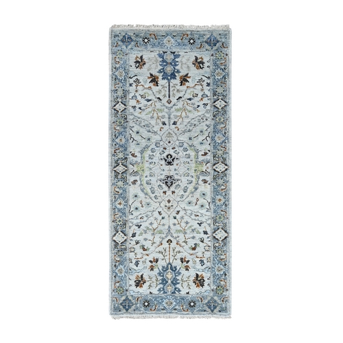 Bone Ivory, Oushak with Floral Motifs, Pure Wool, Denser Weave, Hand Knotted, Runner, Oriental Rug