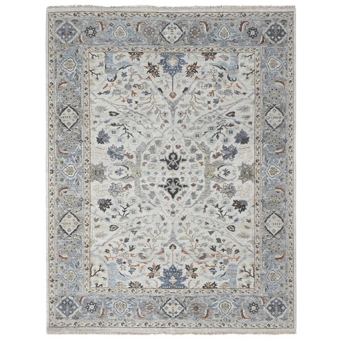 Daisy White, Denser Weave, Oushak with Floral Motifs, Pure Wool, Hand Knotted, Oriental Rug