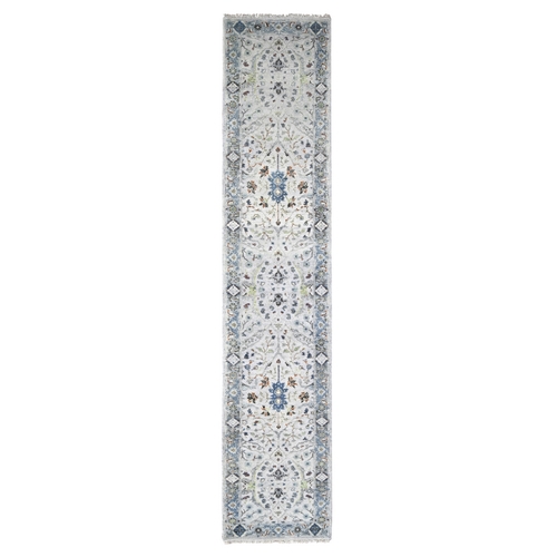 Powder White, Oushak with Floral Motifs, Denser Weave, Hand Knotted, Pure Wool, Runner, Oriental Rug