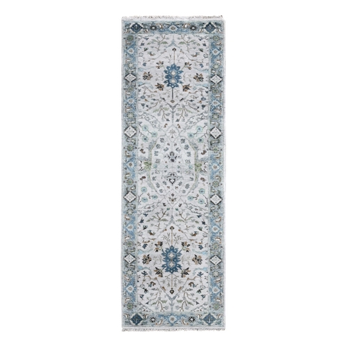 Pearl White, Denser Weave, Oushak with Floral Motifs, Pure Wool, Hand Knotted, Runner, Oriental Rug