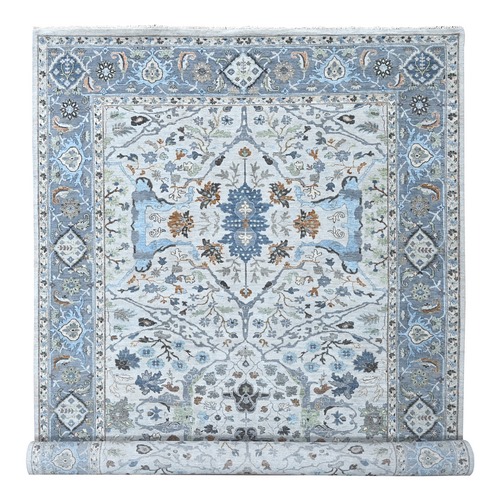 Pearl White, Oushak with Floral Motifs, Denser Weave, Hand Knotted, Natural Wool, Wide Gallery Size, Oriental Rug