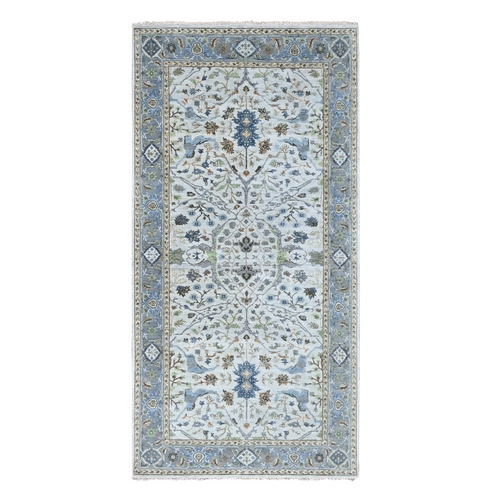 Pearl White, Oushak with Floral Motifs, Pure Wool, Hand Knotted, Denser Weave, Gallery Size Wide Runner, Oriental 