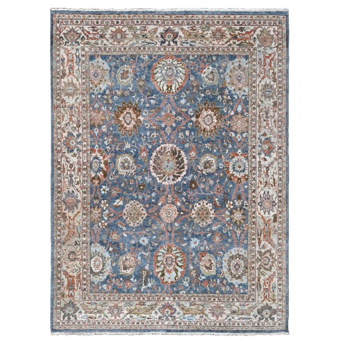 Aegean Blue, Antiqued Sultanabad Design, Zero Pile, Shaved Low, Distressed, 100% Wool, Hand Knotted, Oriental 