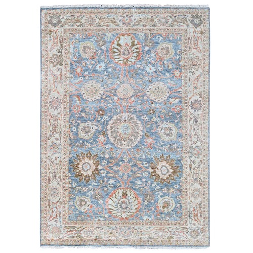 Stone Blue, Antiqued Sultanabad Design with Larger Motif, Zero Pile, Shaved Low, Distressed, 100% Wool, Hand Knotted, Oriental 