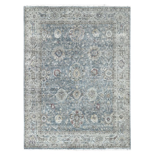 Marengo Gray, Antiqued Tabriz Design, Distressed, Zero Pile, Shaved Low, Pure Wool, Hand Knotted, Oriental 