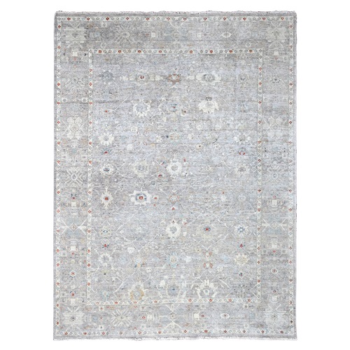 Pastel Gray, Antiqued Tabriz Design, Distressed, Zero Pile, Shaved Low, 100% Wool, Hand Knotted, Oriental 