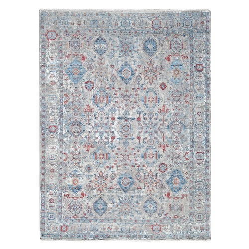 Shades of Blue, Antiqued Tabriz Design, Distressed with Abrash, Zero Pile, Shaved Low, 100% Wool, Hand Knotted, Oriental 