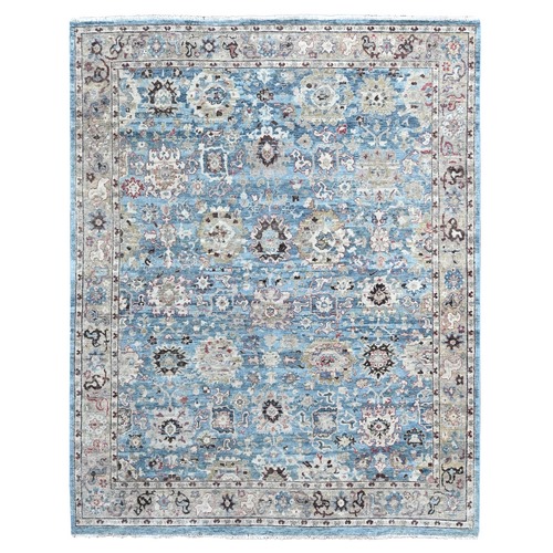 Maya Blue, Antiqued Tabriz with All Over Leaf Design, Distressed, Zero Pile, Shaved Low, Pure Wool, Hand Knotted, Oriental 