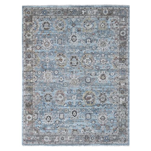 Ruddy Blue, Antiqued Persian Ziegler Mahal Design, Distressed, All Over Leaf Pattern, Zero Pile, Shaved Low, 100% Wool, Hand Knotted, Oriental 