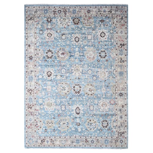 Baby Blue, Antiqued Tabriz with All Over Leaf Design, Distressed, Zero Pile, Shaved Low, Pure Wool, Hand Knotted, Oriental 