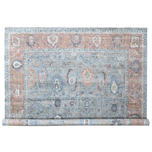 Stone Blue, Antiqued Persian Ziegler Mahal Design, Distressed, Zero Pile, Shaved Low, 100% Wool, Hand Knotted, Oversized, Oriental 