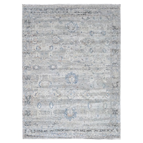 Medium Gray, Antiqued Tabriz Design, Distressed with Abrash, Zero Pile, Shaved Low, 100% Wool, Hand Knotted, Oriental 