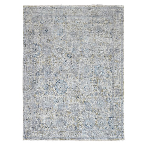 Shades of Gray, Antiqued Tabriz Design, Distressed, Zero Pile, Shaved Low, 100% Wool, Hand Knotted, Oriental Rug