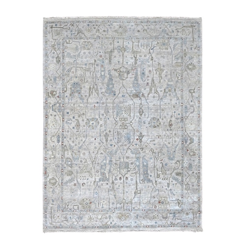 Medium Gray, Distressed, 100% Wool, Hand Knotted, Antiqued Heriz with All Over Design, Sheared Low, Zero Pile, Oriental Rug