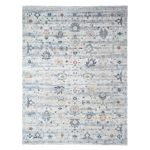 Oyster White with Gray, Abrash Persian with All Over Leaf Design, 100% Pure Wool, Zero Pile, Shaved Low, Hand Knotted, Oriental Rug