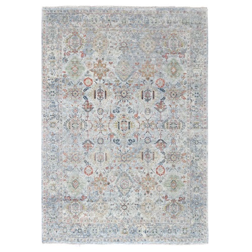 Medium Gray, Antiqued Persian Ziegler Mahal Design, Distressed, Zero Pile, Shaved Low, 100% Wool, Hand Knotted, Oriental Rug