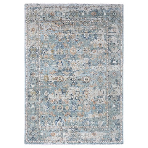 Silver Blue, Abrash Persian with All Over Leaf Design, 100% Pure Wool, Zero Pile, Shaved Low, Hand Knotted, Oriental Rug