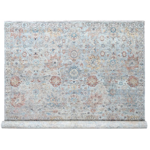 Misty Gray, Hand Knotted, Caucasian Gul Motifs, Zero Pile with Distinct Abrash, Distressed and Sheared Down, Pure Wool, Oriental Rug