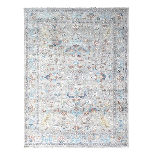 Pastel Gray, Antiqued Persian Ziegler Mahal Design, Distressed, Zero Pile, Shaved Low, 100% Wool, Hand Knotted, Oriental Rug