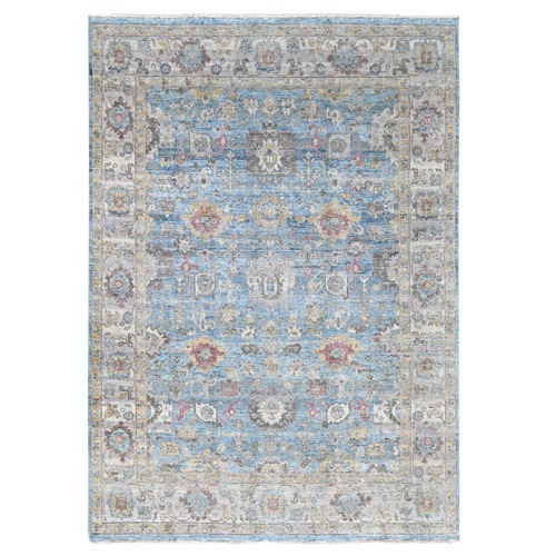 Maya Blue, Hand Knotted, Antiqued Persian Ziegler Mahal Design, Distressed, Zero Pile, Shaved Low, 100% Wool, Oriental Rug