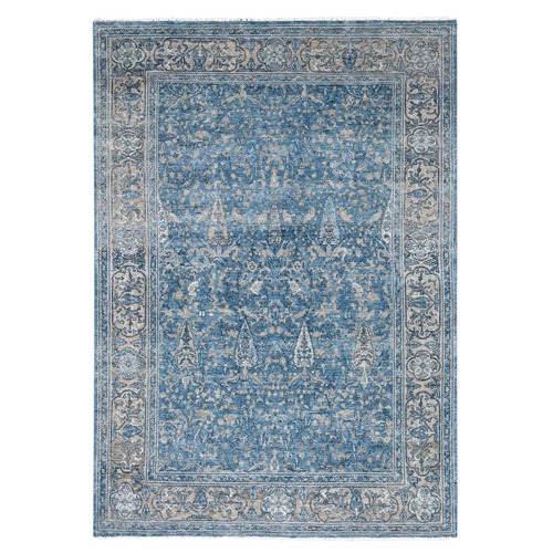 Imperial Blue, Distressed, Zero Pile, All Over Tree and Vase Design, Shaved Low, 100% Wool, Hand Knotted, Oriental Rug