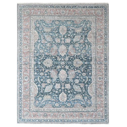 Teal Color, Antiqued Tabriz Design, Distressed with Abrash, Zero Pile, Shaved Low, 100% Wool, Hand Knotted, Oriental Rug