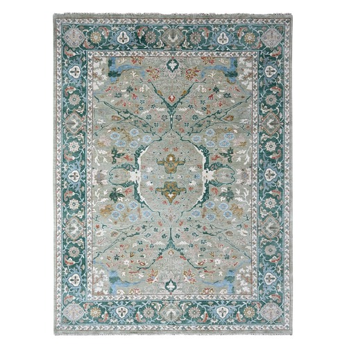 Camouflage Green, Oushak with Floral Motifs, Hand Knotted, Pure Wool, Soft Pile, Denser Weave, Oriental 