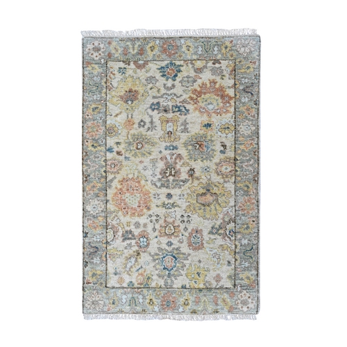 Beige, Oushak with All Over Design, Dense Weave, Thick and Plush, Hand Knotted, Pure Wool, Mat, Sample, Oriental 