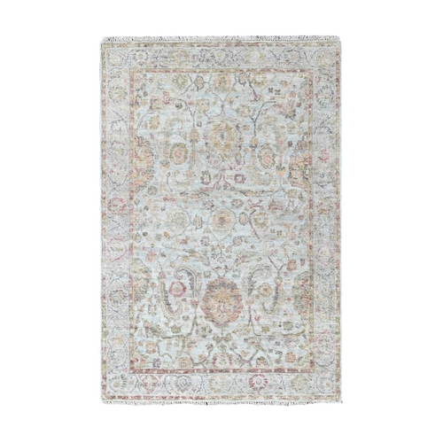 Light Gray, Zero Pile, Distressed, Ziegler Mahal Design, Pure Wool, Hand Knotted, Oriental 