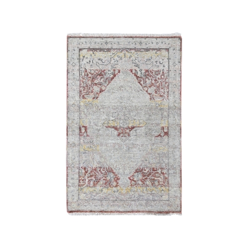 Irish Cream White, Ziegler Mahal with Medallion Design, Zero Pile, Distressed, Pure Wool, Distinct Abrash, Hand Knotted, Oriental 