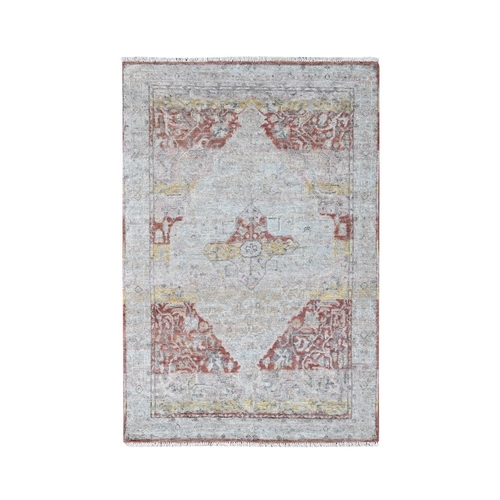 Irish Cream White, Pure Wool, Ziegler Mahal with Medallion Design, Zero Pile, Distressed, Distinct Abrash, Hand Knotted, Oriental 