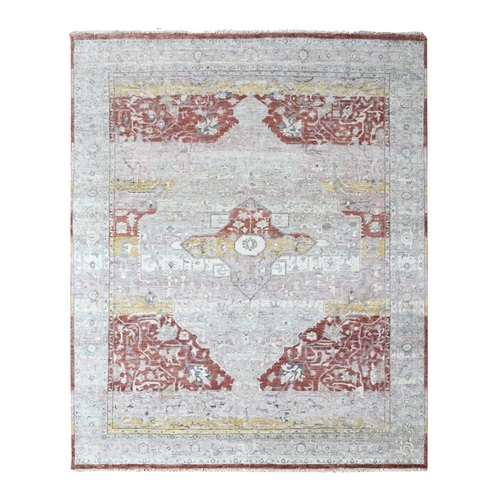 Irish Cream White with Red and Gold, Hand Knotted, Ziegler Mahal with Medallion Design, Zero Pile, Distressed, Distinct Abrash, Pure Wool, Oriental 