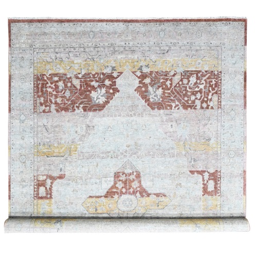 Irish Cream White with Red and Gold, Ziegler Mahal with Medallion Design, Zero Pile, Distressed, Distinct Abrash, Pure Wool, Hand Knotted, Oriental 