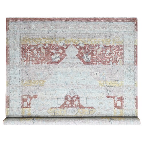 Irish Cream White with Red, Hand Knotted, Ziegler Mahal with Medallion Design, Zero Pile, Distressed, Distinct Abrash, Pure Wool, Oversized, XL, Oriental 