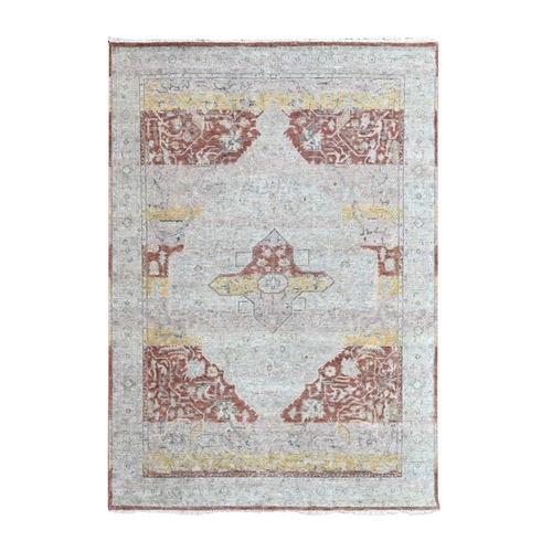 Irish Cream White with Red, Ziegler Mahal with Medallion Design, Zero Pile, Distressed, Distinct Abrash, Hand Knotted, Pure Wool, Oriental 