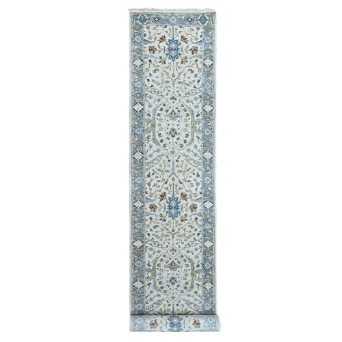 Oyster Gray, Oushak with Floral Motifs, Hand Knotted, Soft Pile, Denser Weave, Pure Wool, Runner, Oriental 