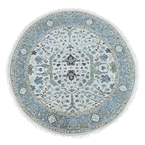 Oyster Gray, Oushak with All Over Design, Hand Knotted, Soft Pile, Denser Weave, Pure Wool, Round, Oriental 