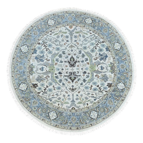Oyster Gray, Denser Weave, Oushak with Floral Motifs, Hand Knotted, Soft Pile, Pure Wool, Round, Oriental 