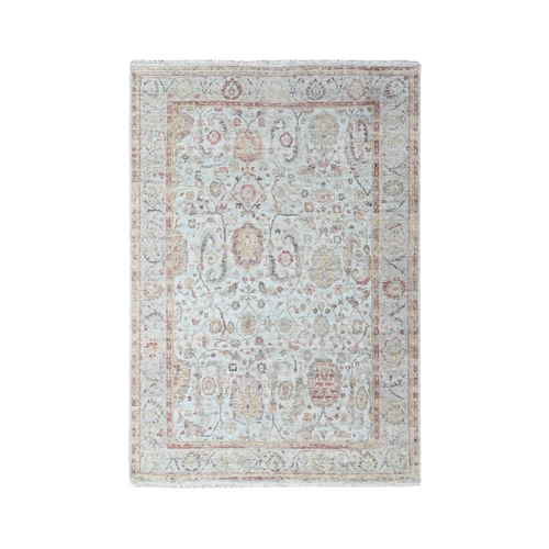 Light Gray, Pure Wool, Zero Pile, Distressed, Ziegler Mahal Design, Hand Knotted, Oriental 