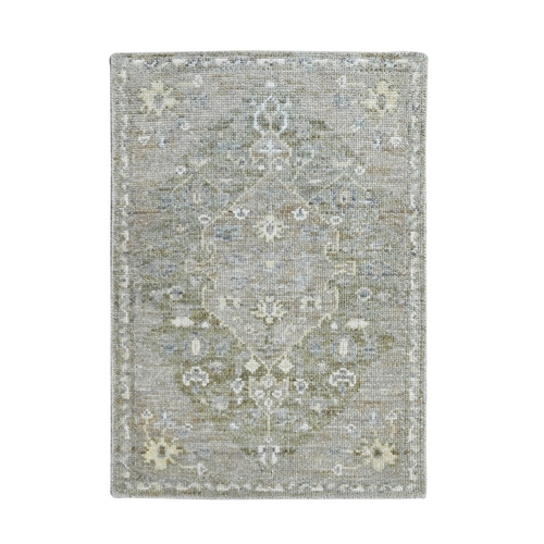 Gray-Green, Hand Knotted, Oushak, Sample, Cropped Low, 100% Wool, Mat, Oriental 