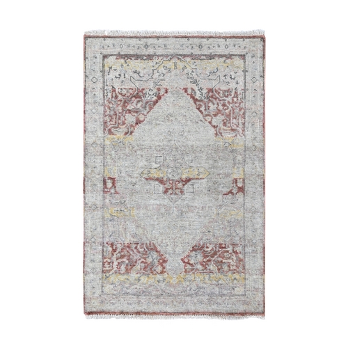 Irish Cream White with Red, Hand Knotted, Ziegler Mahal with Medallion Design, Zero Pile, Distressed, Distinct Abrash, Pure Wool, Oriental 